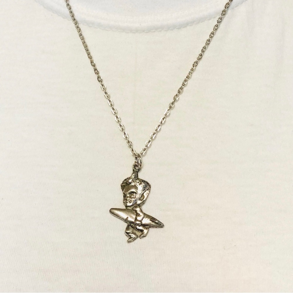 Vintage Pointed Ear Beach Pixie Elf Surfer Surfboard Silver Tone Necklace